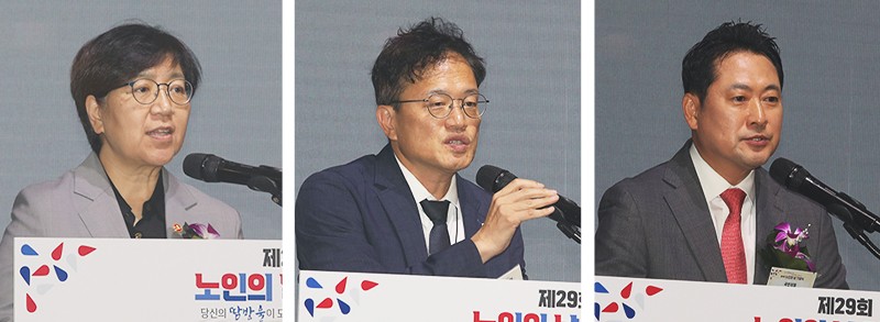 이재명 대통령의 축사를 대독한 정은경 장관, 정청래 민주당 대표를 대신해 참석한 박주민 국회 보건복지위원회 위원장, 장동혁 국민의힘 대표(왼쪽부터 순서대로).