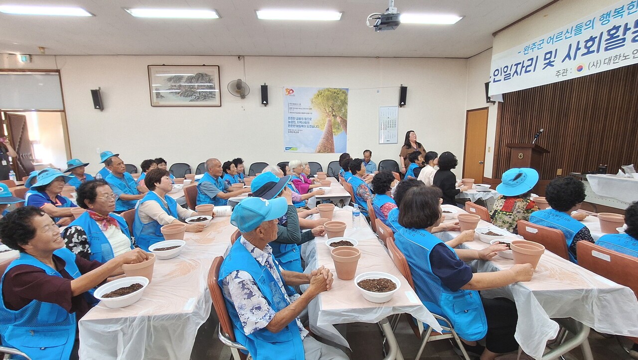 노인일자리 참여자들이 반려식물 가꾸기 문화활동에 참여하고 있다. 