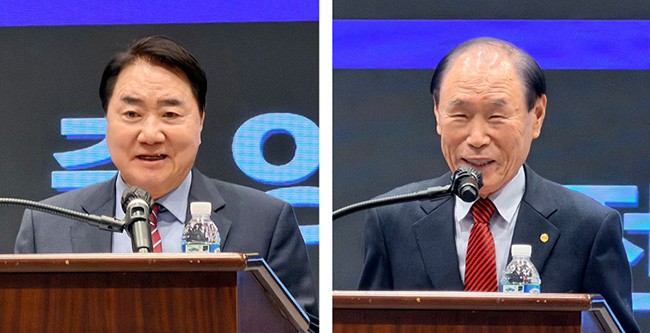 인사말을 하고 있는 이석현 상임부회장(왼쪽)과 축사를 하고 있는 김명남 전남 여수시지회장.